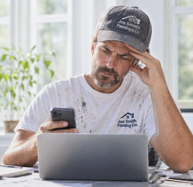 Painter frowning at his phone and laptop at the kitchen table