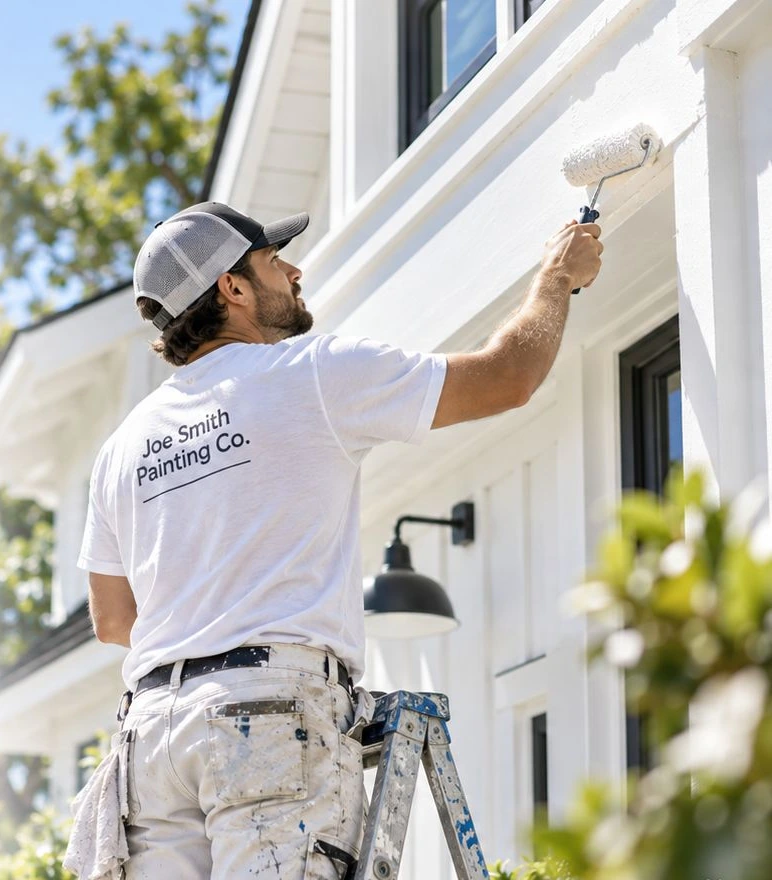 Painter rolling white trim on a house exterior