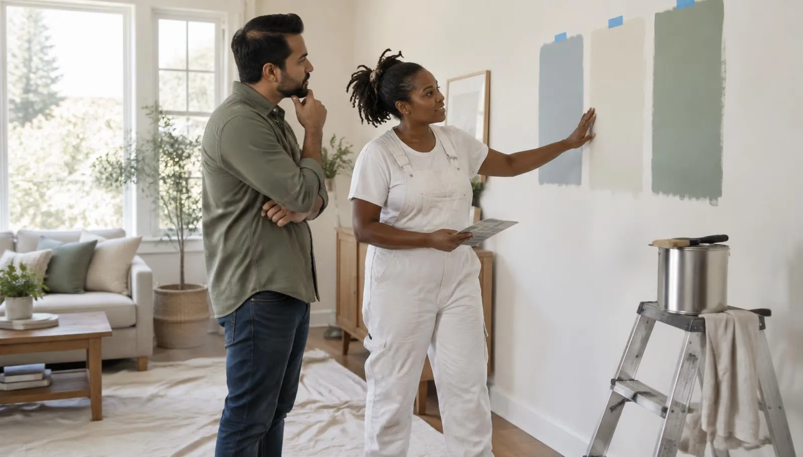 A painting contractor and a homeowner compare painted color sample boards taped to a living room wall