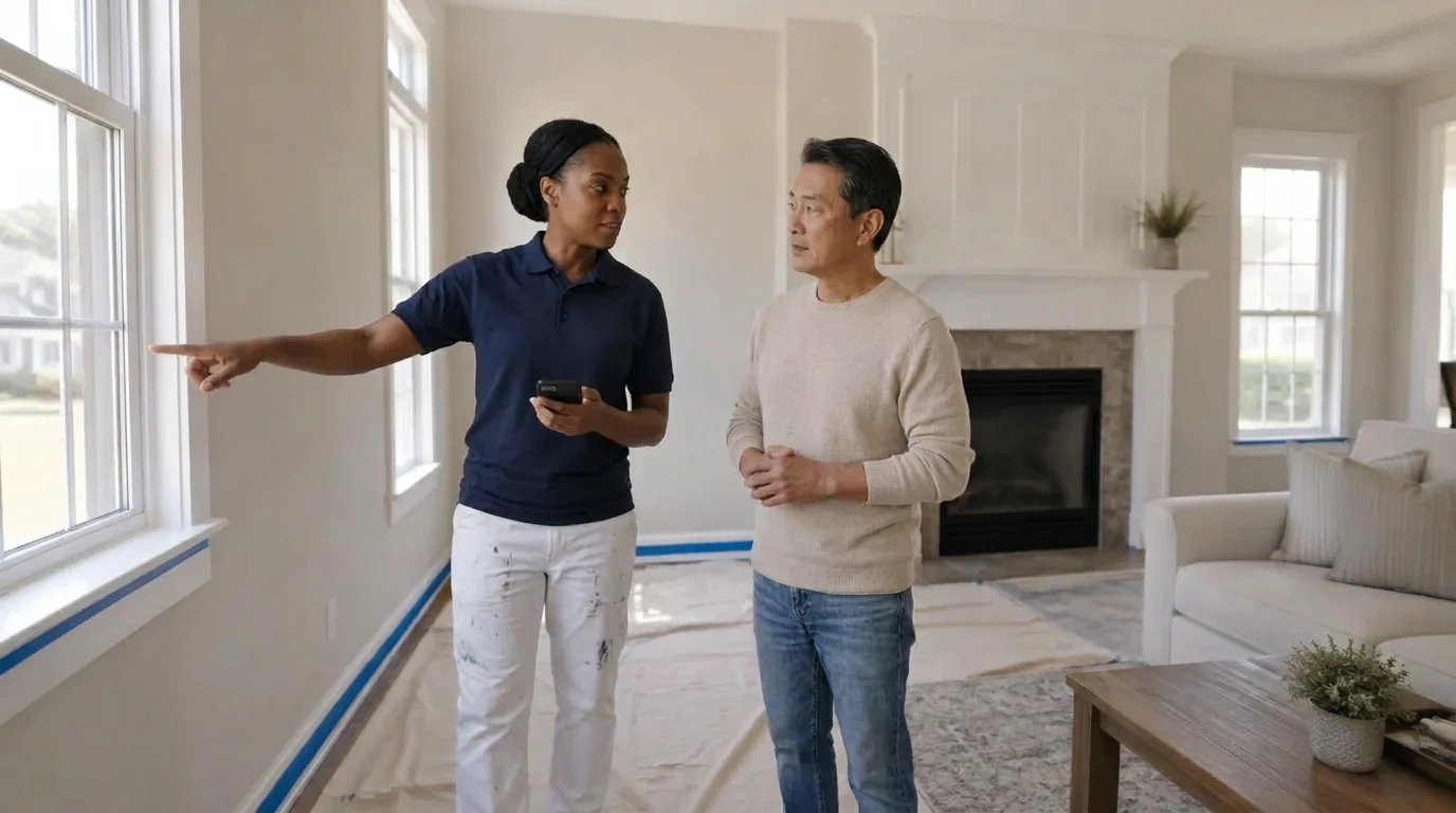 Painting contractor showing a homeowner the window trim during an on-site walkthrough, with a phone and taped baseboards