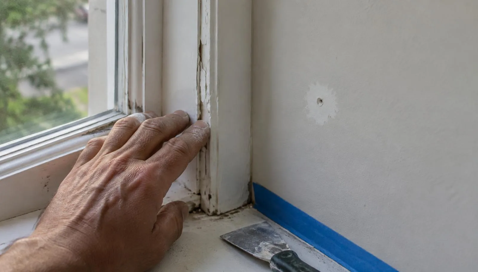 Close-up of a hand on peeling window trim beside a patched nail hole and painter's tape