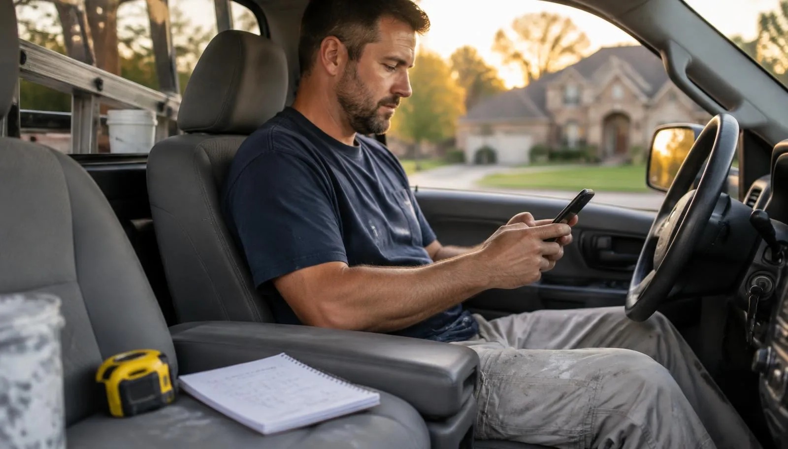 Painter sitting in his truck in a homeowner's driveway, pricing the job on his phone with a tape measure and room notes on the seat