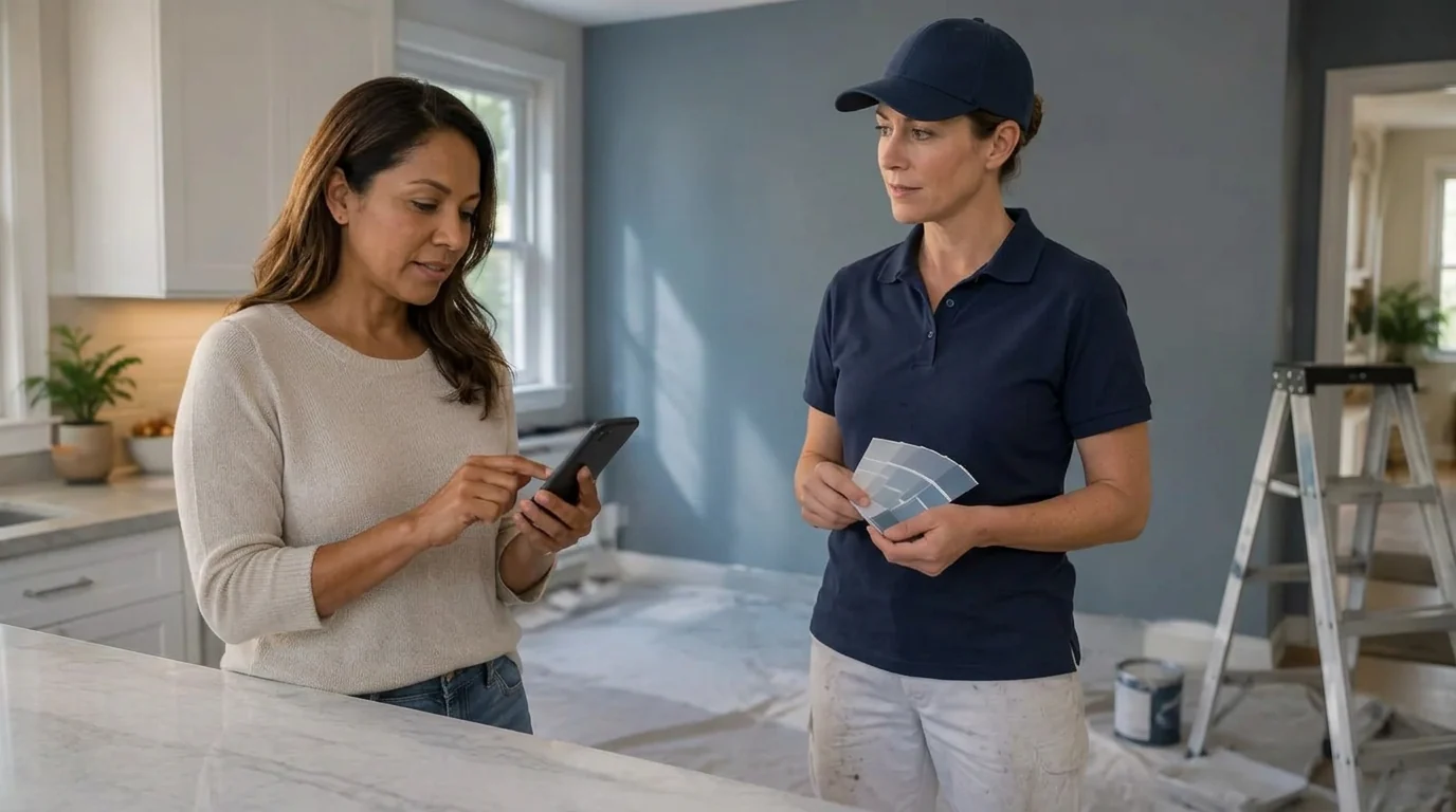 Homeowner approving a payment on her phone at a kitchen counter while her painter holds a color fan deck