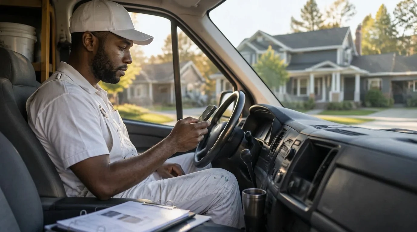 Painter reading a homeowner email on his phone in his parked work van, with a folder of quotes on the seat