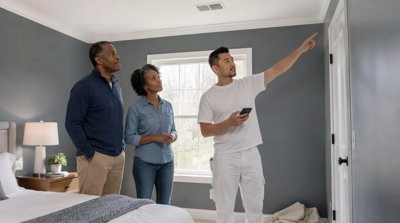 Painter pointing out a crisp ceiling cut-in line to a homeowner couple in a freshly painted gray-blue bedroom